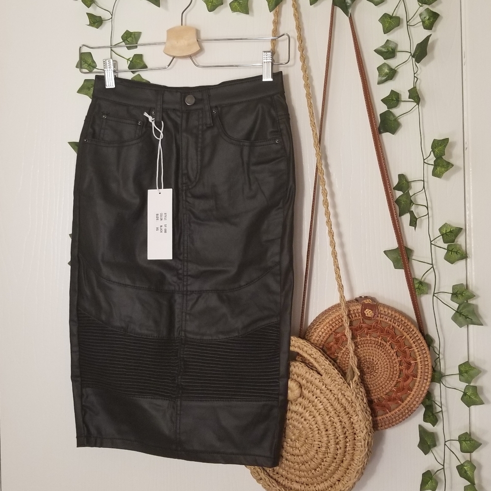 Skirted fancy black waxed denim moto midi skirt